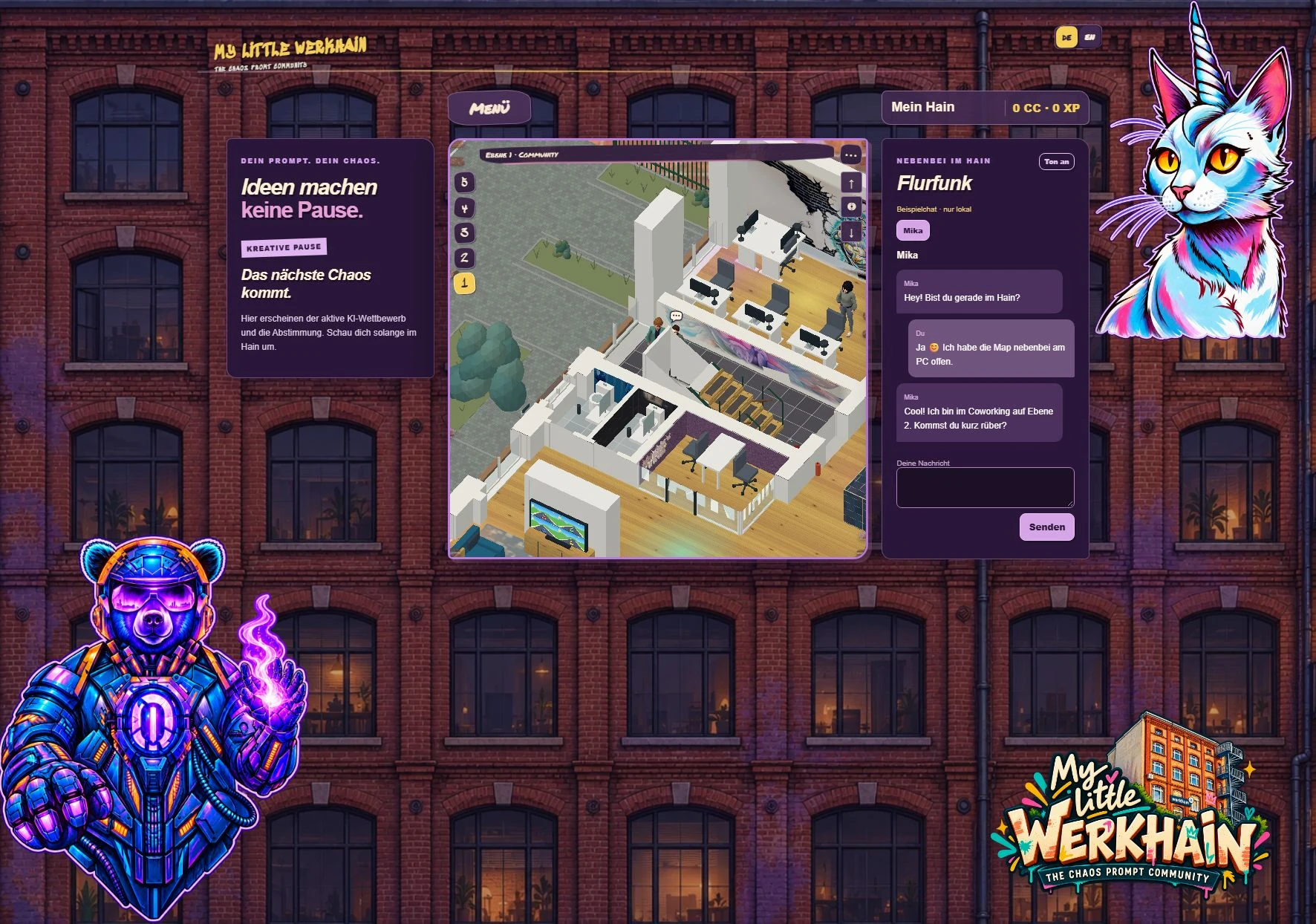 Aktuelle Browser-Spielansicht mit Klinkerfassade, Spielkarte in der Mitte, KI-Bereich links und Flurfunk rechts