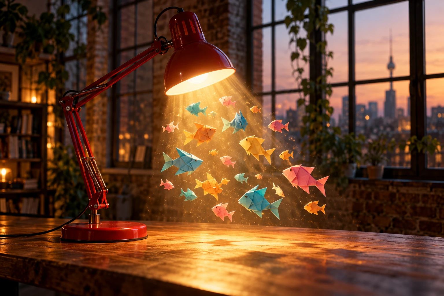 Eine rote Schreibtischlampe zaubert bunte Origami-Fische in ihren warmen Lichtkegel